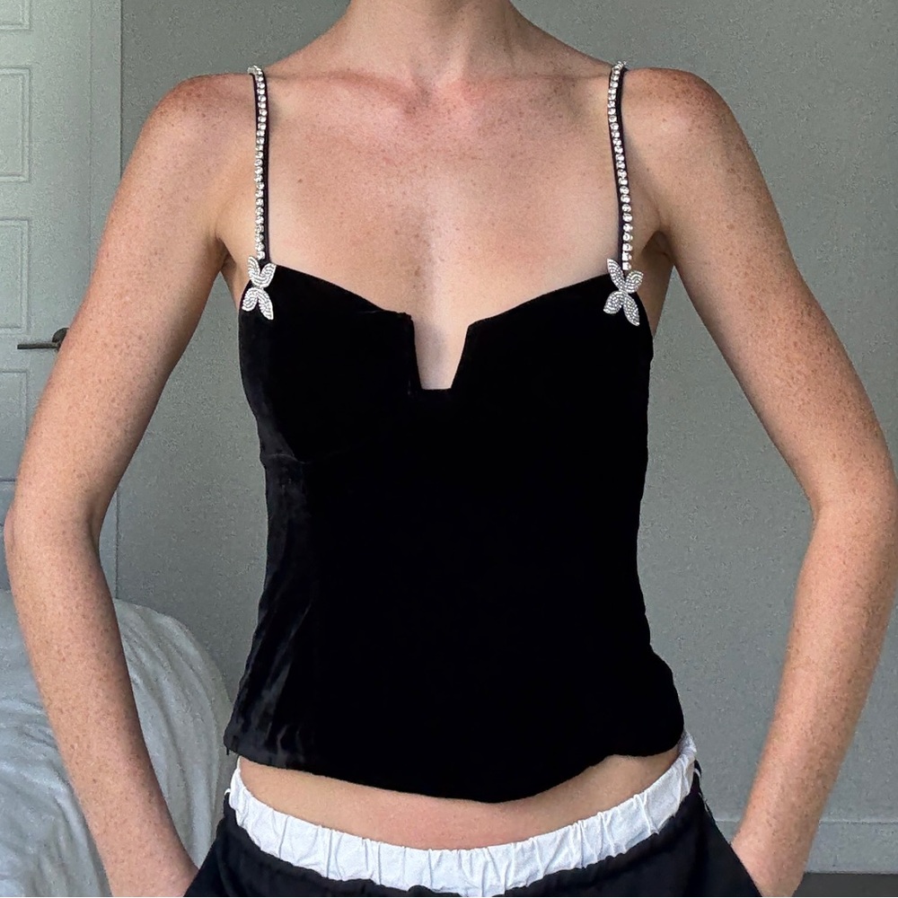 Reformation Black Velvet Camisole with Silver Accents